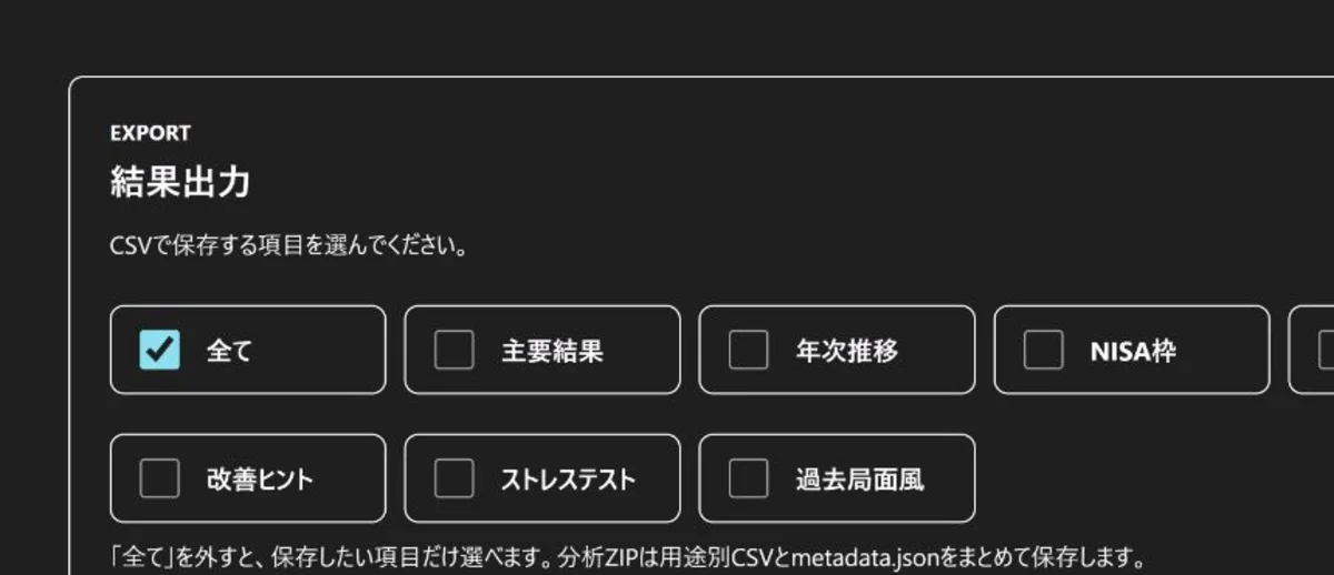CSV・分析ZIP・Excel・PDFの選択画面